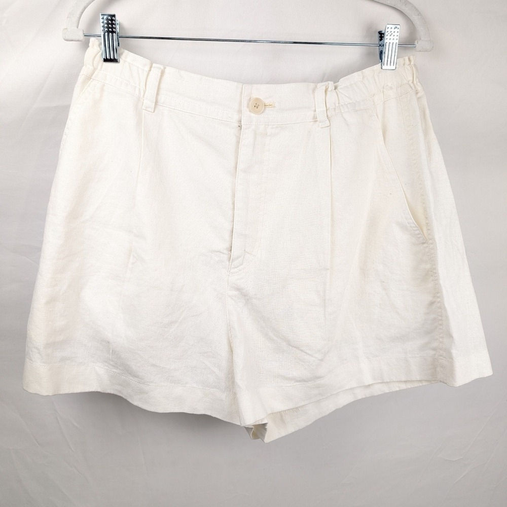 Womens Linen High Waisted Pleated Shorts Size M White Elastic Back Coastal Beach